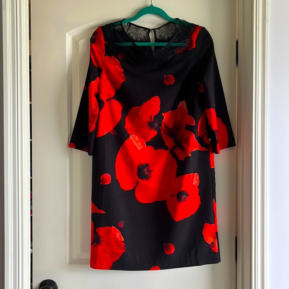 Black & Red dress w/lace details and poppy print